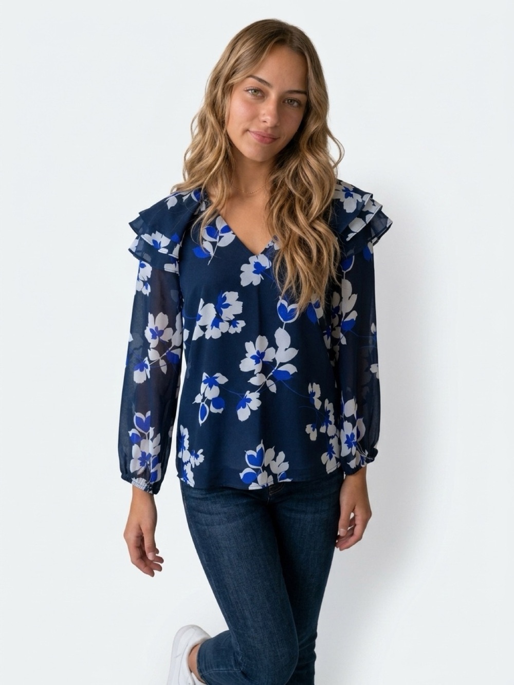 Calvin Klein Black and Blue Floral Blouse